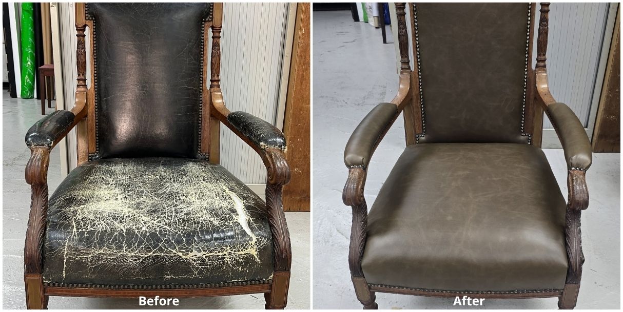Chair seat re-covered in genuine leather before and after - Furniture Clinic Hong Kong